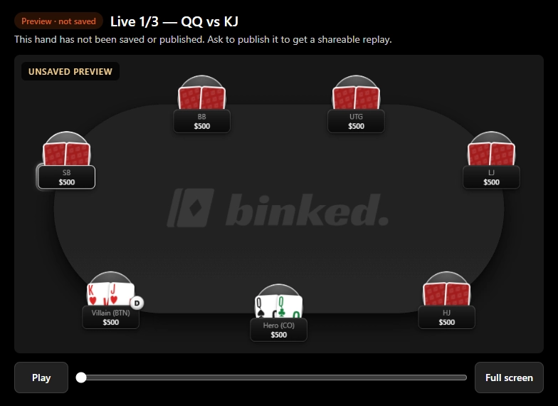 binked replay preview in the chat, marked “Preview · not saved”: Live 1/3 — QQ vs KJ, seven players with 500 each, Hero in the cutoff with Q♠Q♣ and Villain on the button with K♥J♥